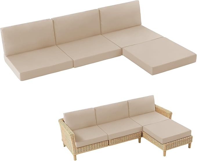 7-Piece Patio Furniture Cushions Set, Replacement Outdoor Cushions for 4-Seat Patio Sectional, Waterproof & Fade Resistant Deep Seat Cushion for Outdoor Sofa, Beige