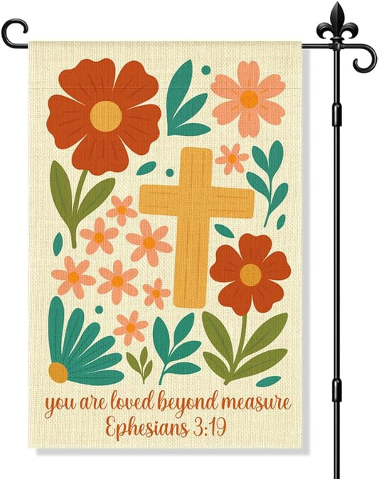 You Are Extremely Loved Garden Flag Double Sided Yard Outdoor Decor 12x18 Inch, Ephesians 3:19 Religious Inspirational Porch Decor Gifts, Christian Vintage Floral Cross Garden Flag