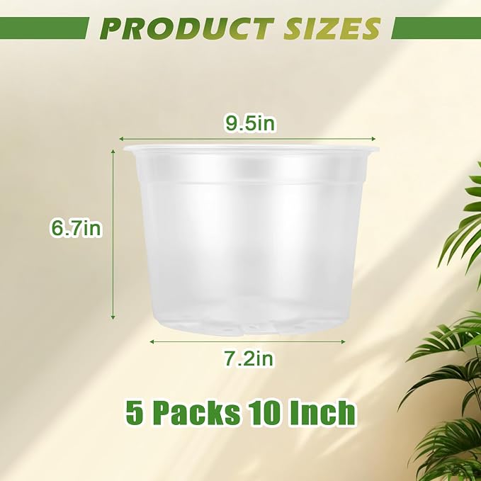 10 Inch Large Size Clear Nursery Pots with Drainage Holes, 5 Packs Plastic Pots for Plants, Transparency Durable Seedling Starter Pot for Succulents Flowers Herb Vegetables