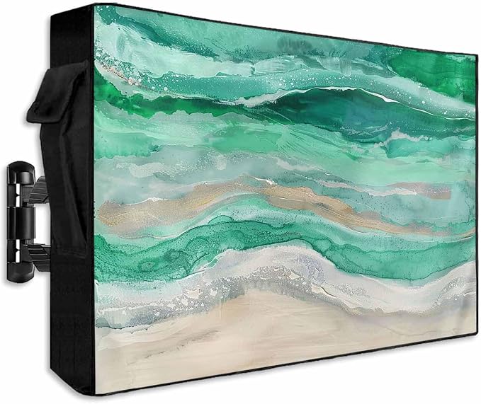 Outdoor TV Cover 48-50 Inch Weatherproof, Green Coastal Outdoor TV Enclosure with Zipper & Roll Up Front Flap, Summer Beach Nautical Abstract Art Waterproof TV Covers for Outside TV