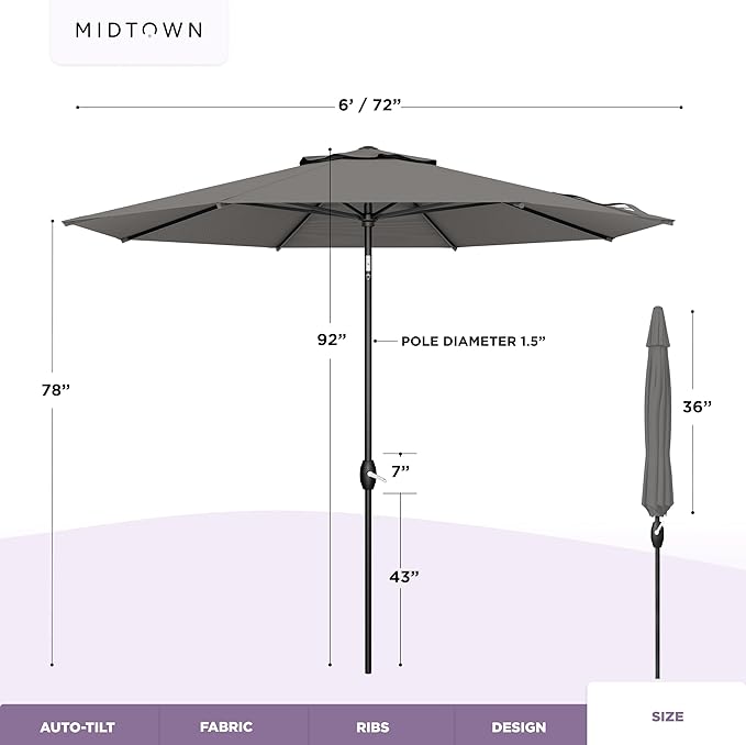 Midtown Umbrellas - 10-Year-No-Fade 6 Ft Patio Umbrella with Terylast Fabric, Auto-Tilt Aluminum Frame and 8 Reinforced Ribs for Deck, Pool, Garden & Beach - Dark Grey Canopy, Black Pole