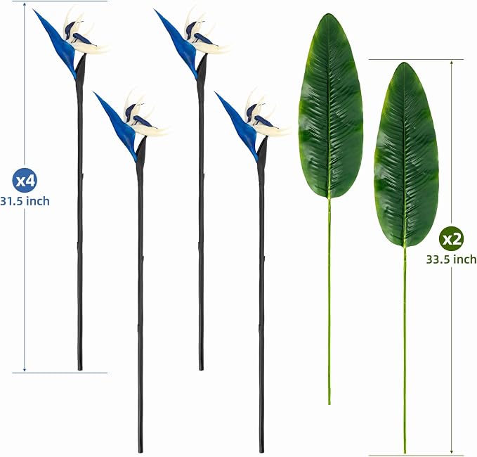 Artificial Bird of Paradise Flowers Real Touch 31.5'in Long Stem Flower 4 Pcs, with Bird of Paradise Leaves 33.5'in Long Stem Greenery Plants 2 Pcs,for Home Garden Wedding Party Decor (Blue 6 Stems)