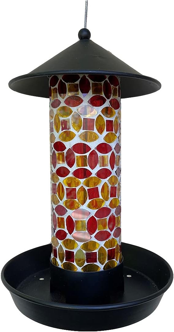Lily's Home Outdoor Hanging Mosaic Glass Bird Feeder, Lantern Shape with Metal Hook and Roof for Wild Birds, Garden Decor for Lawn and Patio, Unique Gift for Bird Lovers(10Inch)