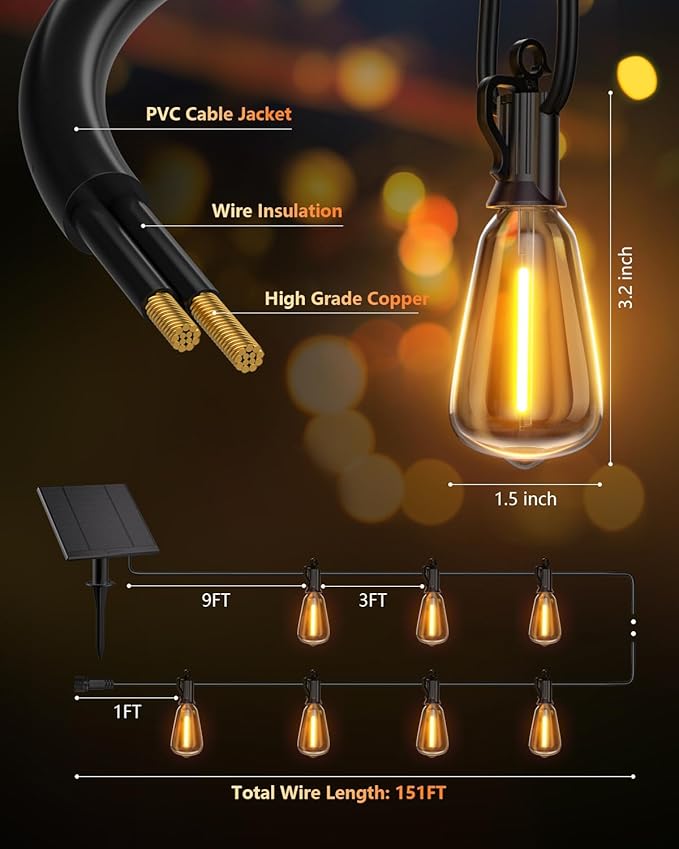 Brightown 151FT Solar String Lights Outdoor Waterproof with Remote, 48+2 LED Shatterproof Bulbs, Dimmable & Timable, 3 Light Modes - Commercial Grade Patio Lights for Garden Backyard Party Decor