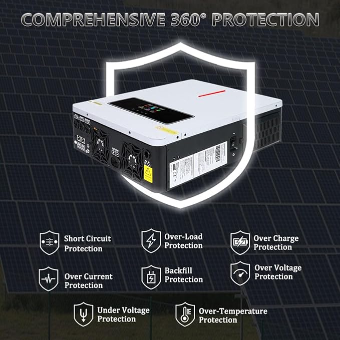 Y&H 3600W Hybrid Solar Inverter DC 24V to AC 110/120V Pure Sine Wave, w/ 120A MPPT Controller, Dual AC Output, Max 4200W PV Input, Lead-Acid/Lithium/Battery-Free Use, for Home Backup, RV, Off-Grid