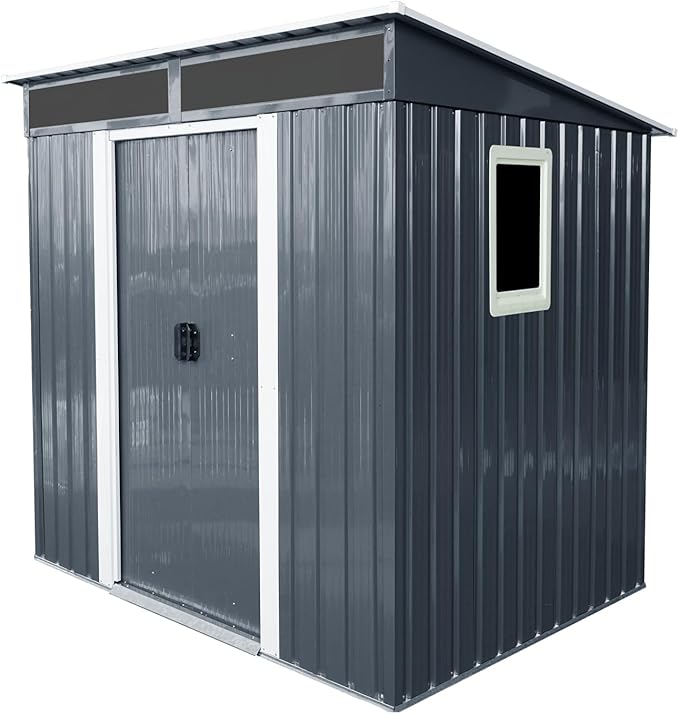 6FT x 5FT Outdoor Storage Shed, Heavy Duty Galvanized Steel Garden Shed with Sloped Roof, Sliding Lockable Doors, Punched Vents & Foundation Kit, Weather Resistant Tool Shed, Black+White with Window