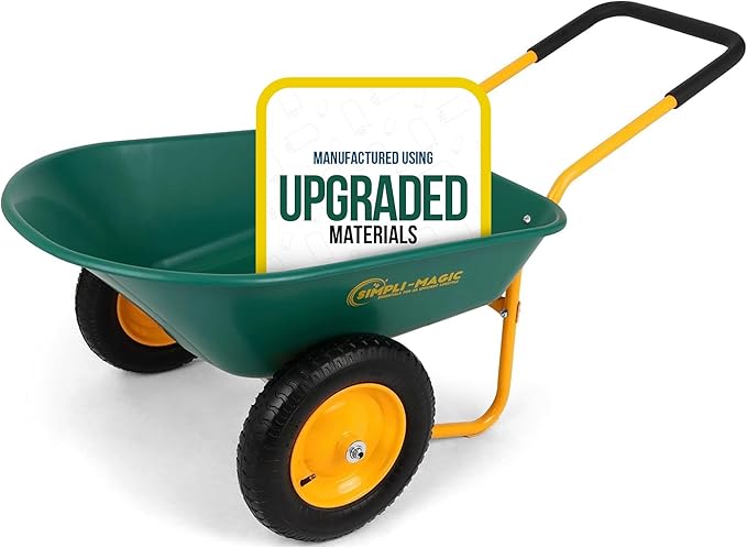 SIMPLI-Magic Dual-Wheel Wheelbarrow Garden Cart - Heavy Duty Yard Cart with 5 Cu Ft Capacity, 330 lb Load, 13” Pneumatic Wheels & Built-in Stand for Lawn, Soil, Mulch & Construction