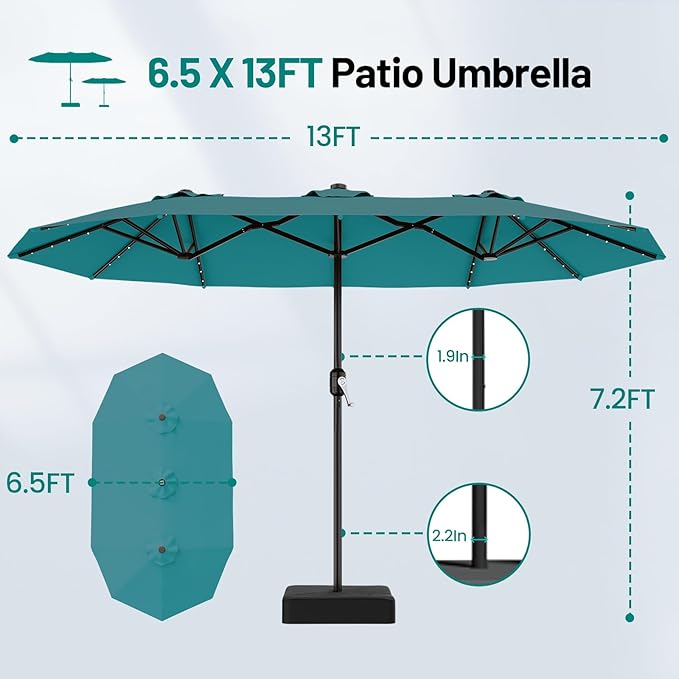 AreShark 13 FT Patio Umbrella with Solar Lights, Double-Sided Outdoor Table Umbrellas with Crank, Large Rectangular Market Umbrella for Porch, Lawn, Pool, Backyard, Lake Blue