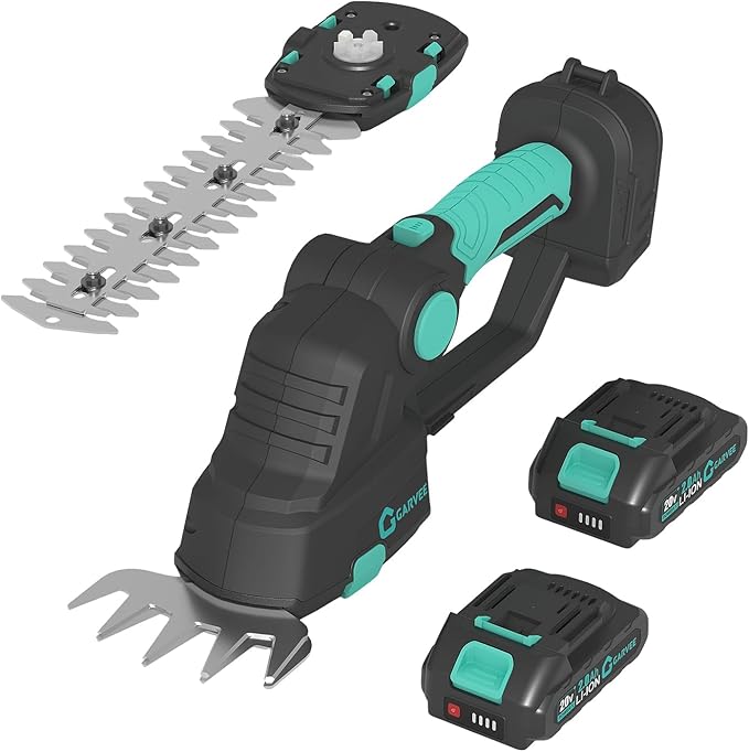 Cordless Hedge Trimmer and Grass Shear 2 in 1, 20V Electric Handheld Shrub Trimmer with 2 Batteries and Charger, Adjustable Head, Dual Safety Lock for Lawn and Garden Care
