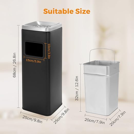 BEAMNOVA Outdoor Trash Can Black Indoor Stainless Steel Commercial Garbage Can Industrial Garbage Enclosure Inside Cabinet with Lid Waste Container, Black, 25 * 25 * 68 cm / 9.8 * 9.8 * 26.8 in