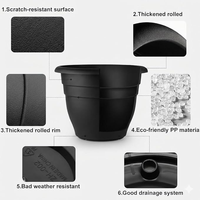 RooTrimmer 16 Inch Plant Pots Indoor Outdoor,6 Pack Black Plastic Planters with Drainage Holes,Large Lightweight Flower Pots for Indoor Outdoor Plants,Patio Garden Containers