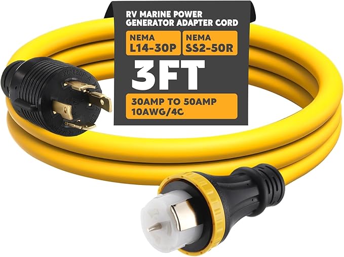 Tellegloww 3FT NEMA L14-30P to SS2-50R RV Marine Power Generator Adapter Cord, 30A 4 Prong Locking Generator L14-30P Male to 50A Marine Shore Power SS2-50R Female with Locking Ring 125V/250V