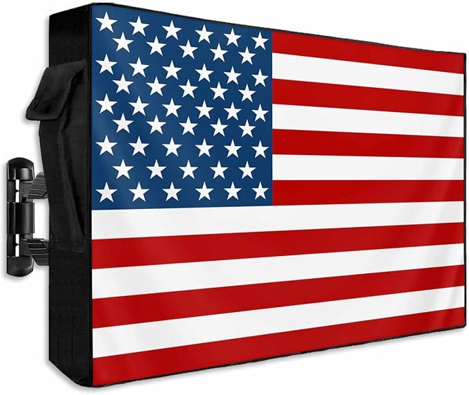 American Flag Outdoor TV Cover 60-65 Inch Weatherproof, Red Striped Blue Star Enclosure With Zipper & Roll Up Front Flap, USA Flag Waterproof Cover for Outside Flat Screen