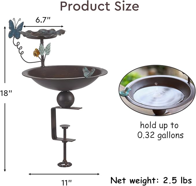 Bird Bath and Feeder for Deck Railing, 2 in 1 Deck Mounted Balcony Birdbath with Vivid Butterfly Decor, Metal Bird Bath for Outdoors Porch Patio Garden