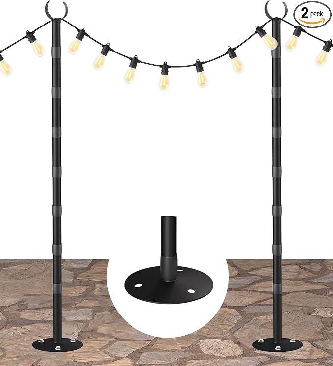 10Ft String Light Poles for Hard Surfaces, Outdoor Light Stand for Backyard, Garden & Patio Party Lighting, Heavy-Duty Metal Poles with Waterproof Finish, Rustproof & Adjustable, 2 Pack