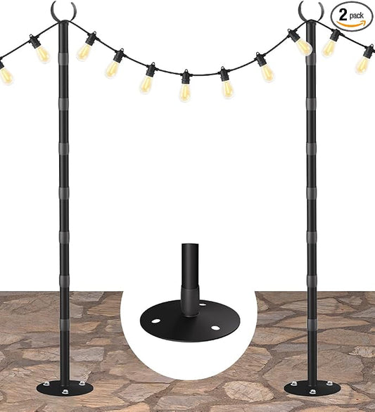 10Ft String Light Poles for Hard Surfaces, Outdoor Light Stand for Backyard, Garden & Patio Party Lighting, Heavy-Duty Metal Poles with Waterproof Finish, Rustproof & Adjustable, 2 Pack