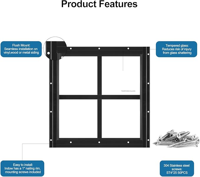 2 Pack Shed Window 12" W x 12" H, Black Flush Mount Window with Tempered Glass for Playhouses, Sheds, Garage and Chicken Coops