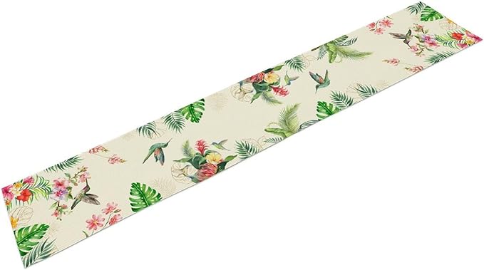 Floral Birds Table Runner, Rustic Watercolor Tropical Palm Leaf Hummingbird Pink Spring Flower Coffee Table Center Decor for Family Kitchen and Dining Farmhouse Party Table Decorations, 13"x36"