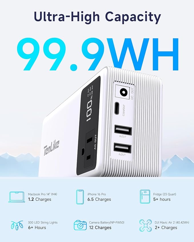 Power Bank with AC Outlet 99.9Wh Portable Power Stationr Camping Essentials Small Electric Generator Large Lithium Battery with 110V 80W Rated AC Plug in Output 60W Type-C Outdoor Emergency, White