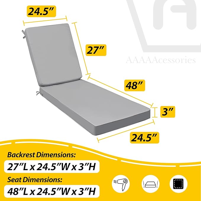 AAAAAcessories Outdoor Chaise Lounge Cushions, Fade-Resistant, Waterproof Patio Furniture Replacement Cushions, 75" x 24.5" x 3", Gray
