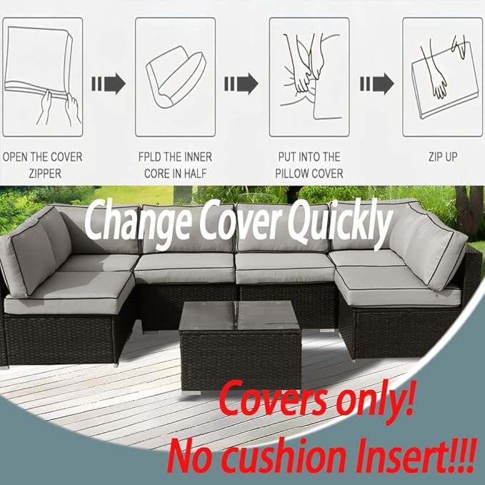 14Pcs Outdoor Cushion Covers Replacement Washable w/Zipper for 6-Seaters Sofa Patio Slipcovers Set Seat and Back Covers Only-25.6x25.6x3.9inch
