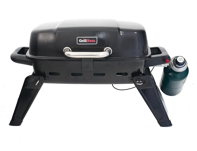 Grill Boss 1 Burner Portable Gas Grill, 10,000 BTU Propane Tabletop BBQ with Porcelain Coated Grate for Camping, Patio, and Outdoor Cooking, Black