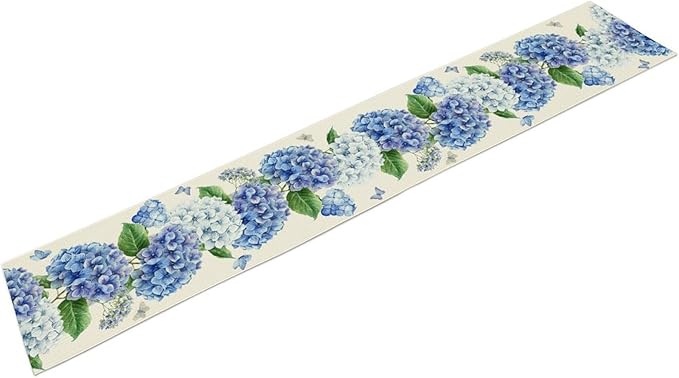 Blue Floral Table Runner, Rustic Watercolor Hydrangea Spring Summer Seasonal Flower Butterfly Coffee Table Center Decor for Family Kitchen and Dining Party FarmhouseTable Decorations, 13"x90"