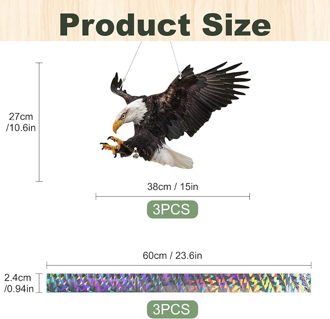 Fake Eagle to Scare Pigeon Woodpecker, 3 Pcs Flat Paper Hanging Fake Eagle with Reflective Tape to Keep Animals Away, Waterproof Outdoor Decor for Balcony Garden Window Patio Backyard Front Porch