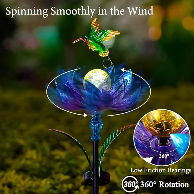 Solar Wind Spinners Outdoor, Solar Wind Spinner with LED Lights Ball, Garden Windmill for Yard, Garden, Patio, Lawn Decor (Blue)