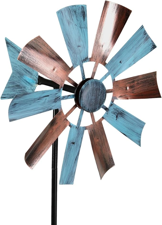 BinaryABC Outdoor Yard Windmill Metal Wind Spinner,Wind Sculptures Spinners Yard Decor Pinwheel,for Garden Yard Lawn Patio Decoration (Retro Two-Color)