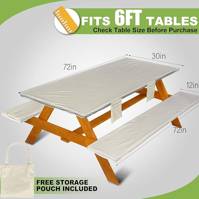 Picnic Table Cover with Bench Covers Vinyl Elastic Edges Fitted Rectangle Seat Tables Waterproof 3-Piece72X30in Set Outdoor Rectangular Folding Backing Tablecloth for Camping Over Size