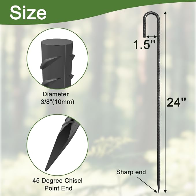 24 Inch J Hook Rebar Stakes 3/8" Thick, 8 Pack Extra Heavy Duty Black E-Coated Steel Ground Anchors for Greenhouse, Carport, Commercial Bounce House, High Wind Areas & Soft Soil