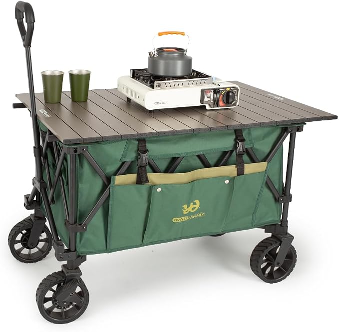 Whitsunday Folding Collapsible Utility Wagon, 400Lbs Heavy Duty Outdoor Park Beach Wagon with Table and Side Pocket for Garden Camping Sports Shopping Green