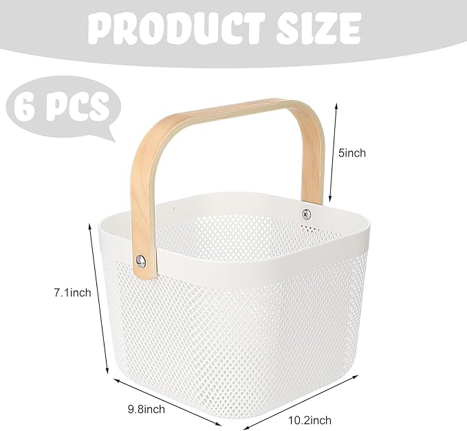 Roshtia 6 Pcs Plastic Mesh Storage Basket with Handle 9.8 x 10.2 x 7.1 Inch Garden Harvest Storage Basket Multi Functional Hanging Organizer for Kitchen Bathroom Picnic Cabinet Home(White)