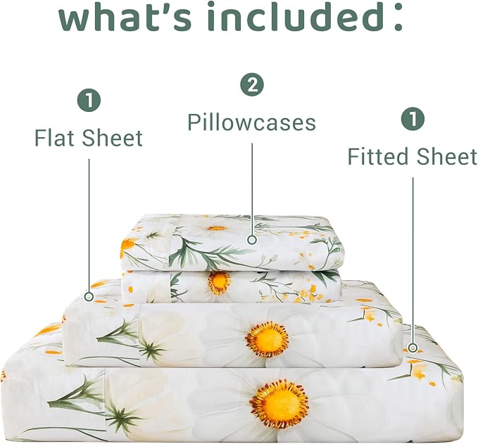 QSH 4PCs Green Floral Sheets Queen Size,100% Egyptian Cotton Sheets Queen Size Yellow Platycodon Flowers Botanical Pattern Printed Bed Sheet Extra Soft and Breathable 17.5" Deep Pockets Bedding Sheet