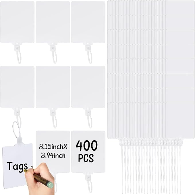 Novabright 400 Pcs White Waterproof Blank Plastic Shipping Tags Bulk 3.94" x 3.15" Large Writable Sealing Mark Labels Tie with String for Luggages Inventory Logistics Keys
