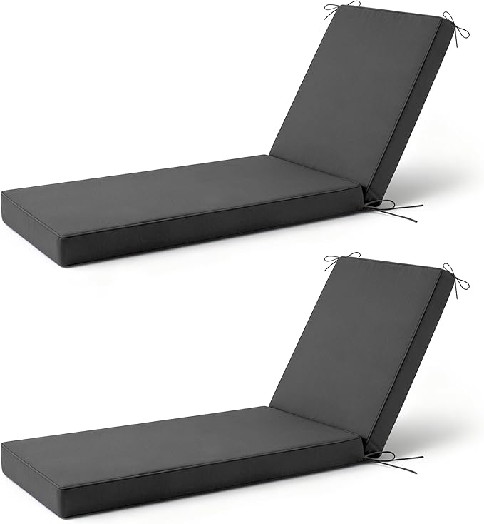 2 Pcs Chaise Lounge Cushions Outdoor Set of 2, 72x 21x 3 Inch Waterproof & Fade-Resistant Lounge Chair Cushion, Outdoor Chaise Cushion with Ties for Lawn, Patio, Pool & Beach, Dark Grey