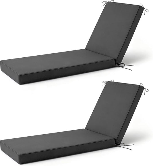 2 Pcs Chaise Lounge Cushions Outdoor Set of 2, 72x 21x 3 Inch Waterproof & Fade-Resistant Lounge Chair Cushion, Outdoor Chaise Cushion with Ties for Lawn, Patio, Pool & Beach, Dark Grey