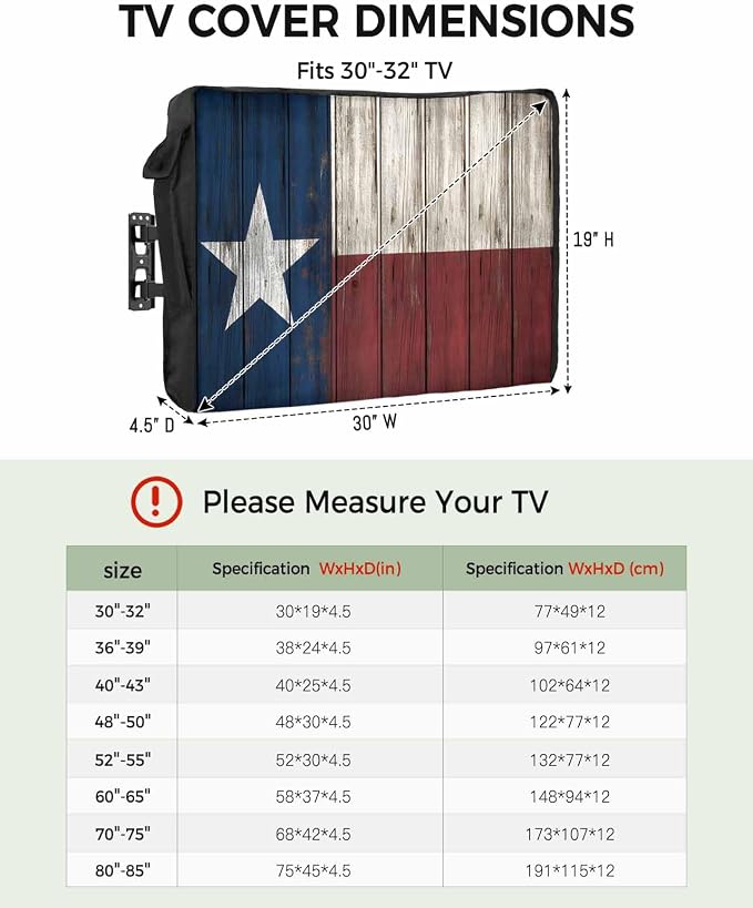 T&H XHome Outdoor TV Cover - Vintage Wood Texas Flag Waterproof and Weatherproof 80"-85" LCD Movable Shield TV Display Screen Protector Outside Television Covers