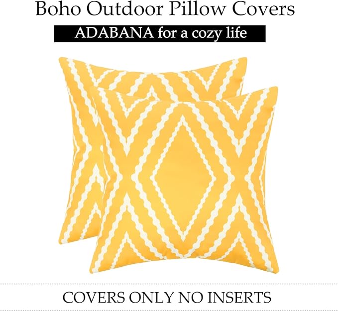 Adabana Outdoor Waterproof Throw Pillow Covers Set of 2 Boho Geometric Pillows Cover for Patio Garden 16 x 16 Inch Yellow