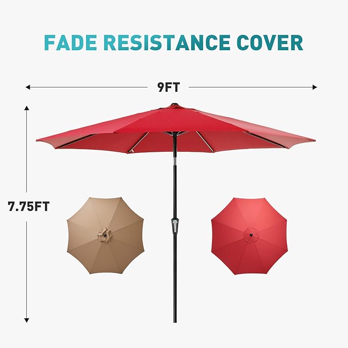 OLIXIS 9FT Patio Table Umbrella with Tilt and Crank Button & 8 Sturdy Ribs Waterproof, 9 Feet Outdoor Patio Umbrella Sun Shade for Poolside, Terrace, Beach and Restaurant, Red