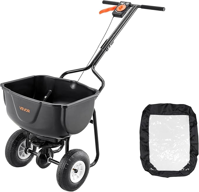 VEVOR Walk Behind Spreader, 60LBS Capacity, Push Spreader with 0-9.8 ft Spreading Width, 8 in All Terrain Pneumatic Tires, Garden & Lawn Broadcast Spreaders, for Seed, Fertilizer