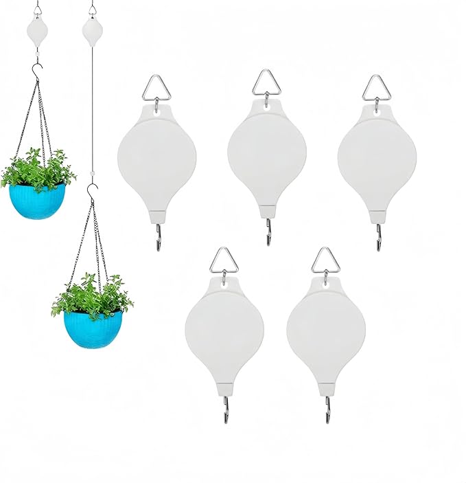 5PCS Plant Pulley System - Retractable & Adjustable Hanger for Indoor/Outdoor Use， Heavy Duty Pulley Hook for Hanging Baskets, Flower Pots, Plants, and Bird Feeders(5Pcs-White)