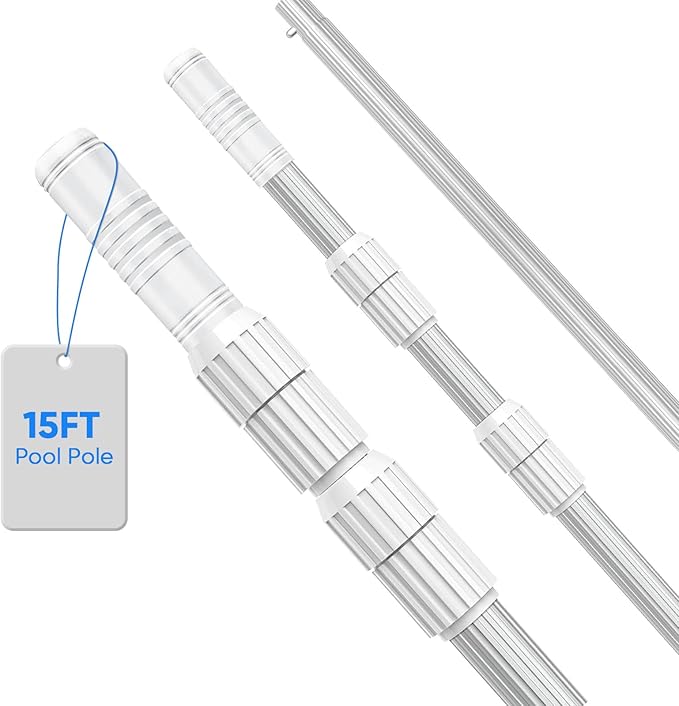 15FT Telescopic Pool Pole, Pool Skimmer Pole Heavy Duty, Adjustable 3 Piece Expandable Step-Up, Universal Pole for Skimmer Nets, Rakes, Brushes, Vacuum Heads Cleaning.
