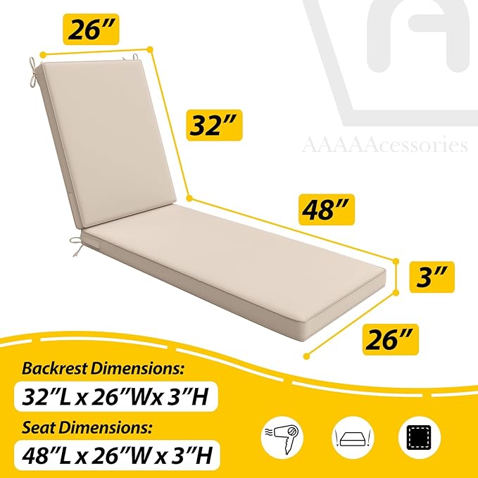 AAAAAcessories Outdoor Chaise Lounge Cushions, Fade-Resistant, Waterproof Patio Furniture Replacement Cushions, 80" x 26" x 3", Peach Tan