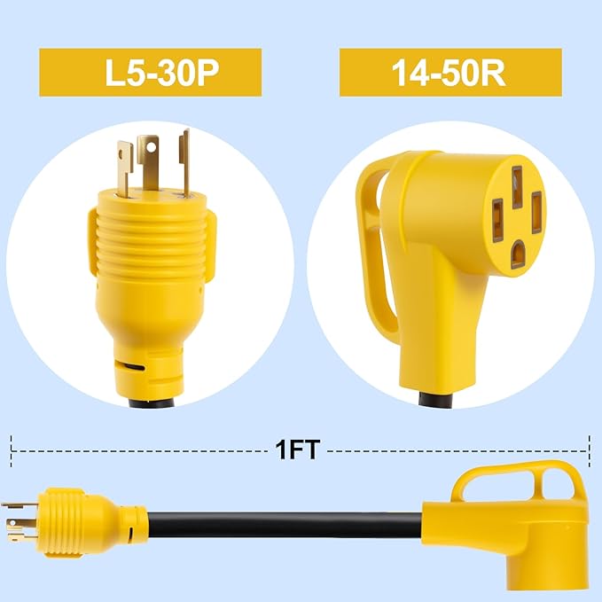 30 Amp to 50 Amp RV Generator Adapter Cord 1FT, NEMA L5-30P Adapter Twist Lock Male Plug to NEMA 14-50R Adapter Female, Heavy Duty STW 10 AWG RV Plug Adapter for Camper, ETL Listed
