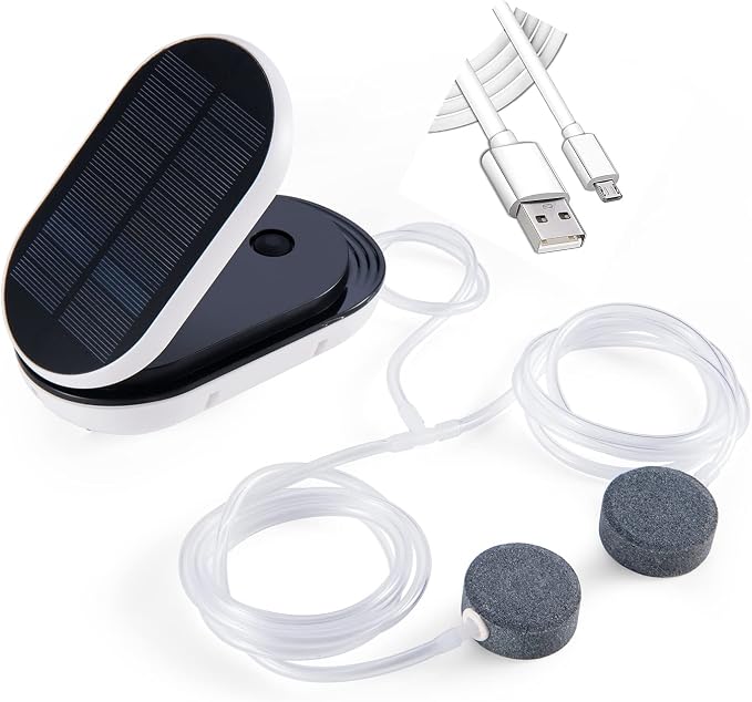 Lewisia Solar Air Pump + USB Charging Fish Aerator Bubble Oxygenator Aquaponics Fish Tank Koi Pond Aquarium Pool Aeration Sea Fishing Aquaculture Hydroponics Bubbleponics