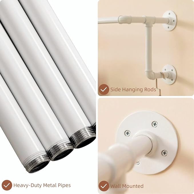 Homeyeeng Clothes Racks, Industrial Pipe Clothing Racks for Hanging Clothes, Wall Mounted Heavy Duty Space Saving Garment Racks, Multi-Purpose Clothing Hanging Rods for Closet Storage, White, 2Pcs