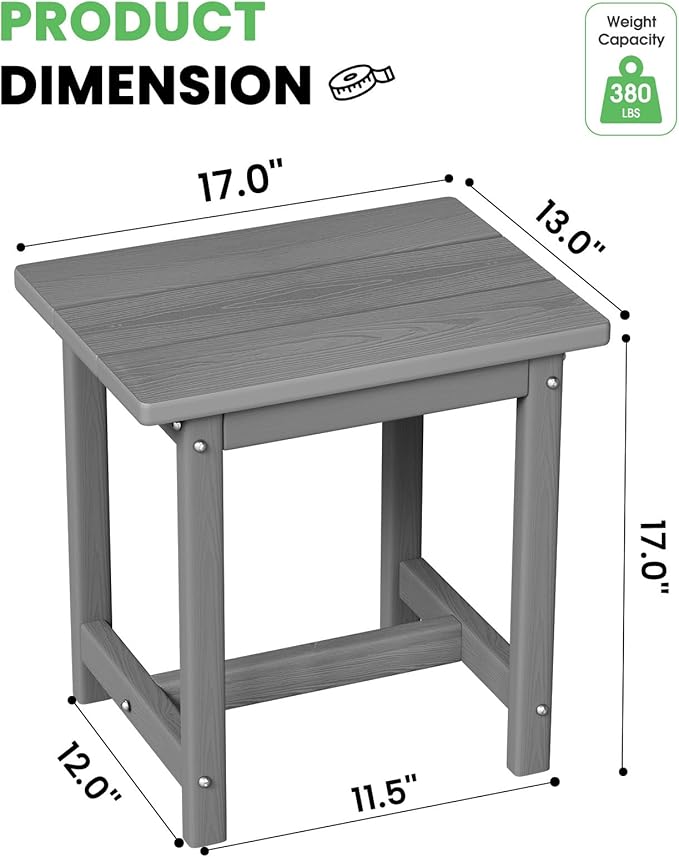 Outdoor Side Table – 17" HDPE Adirondack Side Table,Sturdy Small Outdoor Tables, Weather-Resistant & Easy Assembly Patio End Tables for Garden, Balcony, Porch & Poolside (Grey)