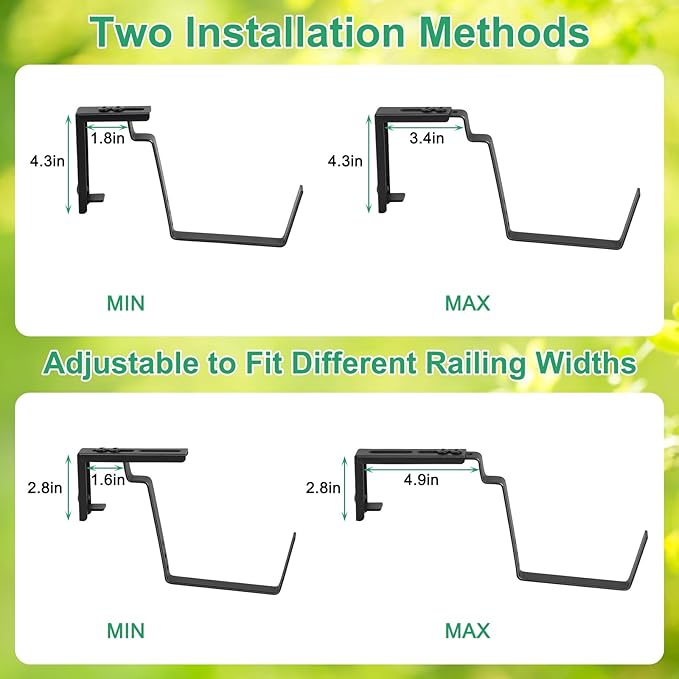 Deck Railing Planter Boxes 2 Tier Green Outdoor Hanging Planters Set of 2 with 4 Pack Flower Boxes 16.9 Inch Window Boxes Planters with Adjustable Brackets Balcony Planters for Garden Porch Patio